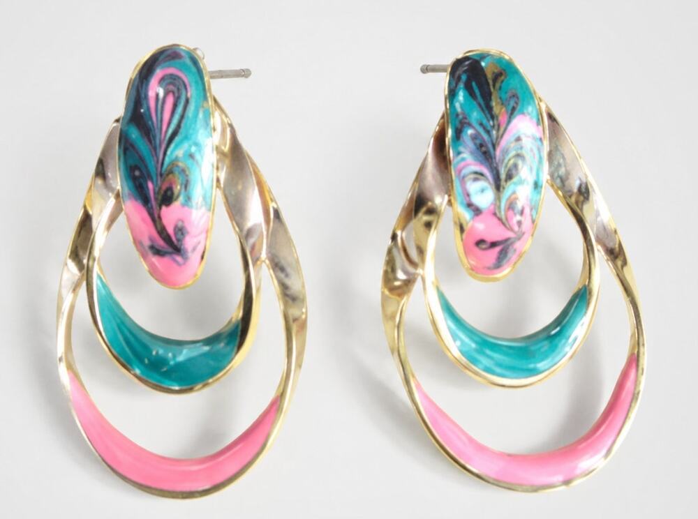 Vintage Pink, Green & Gold Double Hoop Long Pierced Earrings rp-66